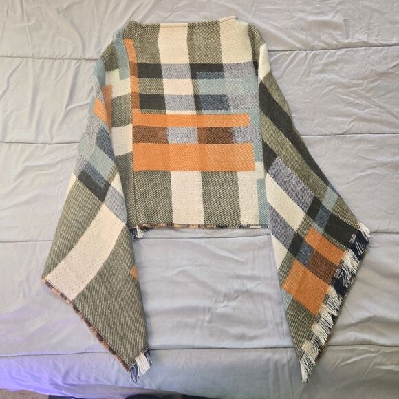 Boho Plaid Blanket Shawl Scarf Poncho Wrap Ruana Fall Winter Rust Sage Fringe - Picture 1 of 6